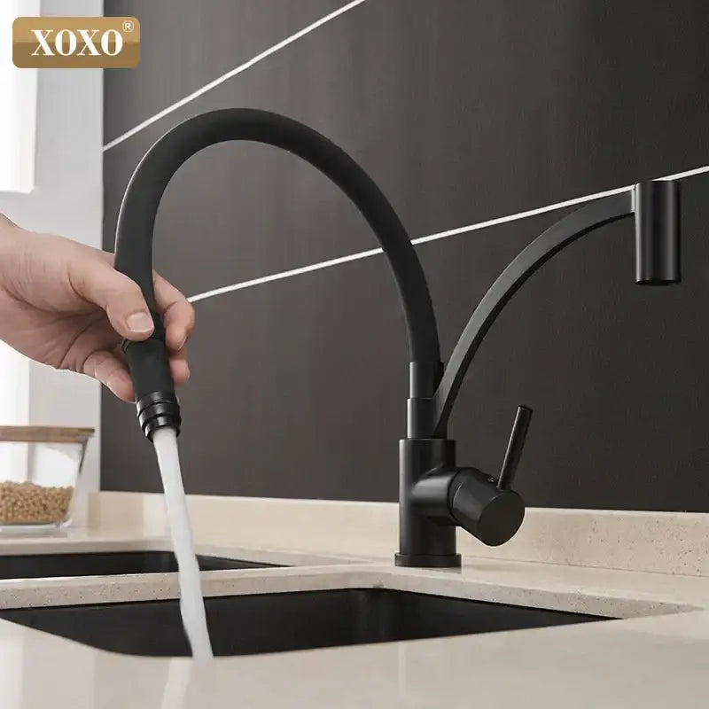 Minimalist matte black chrome kitchen tap pull down mixer