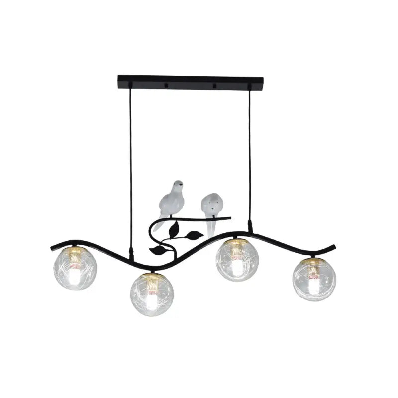 DecorBites™ Minimalist Metal Wavy Island Pendant with 4-Light Black Hanging Lamp, Ball Glass Shade, and Bird Deco