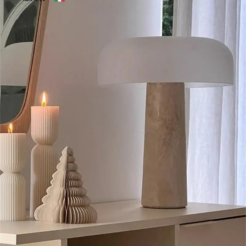 Minimalist mushroom glass and cream marble table lamp for bedroom