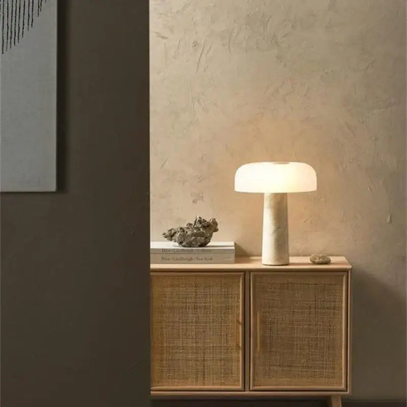 Minimalist mushroom glass and cream marble table lamp for bedroom