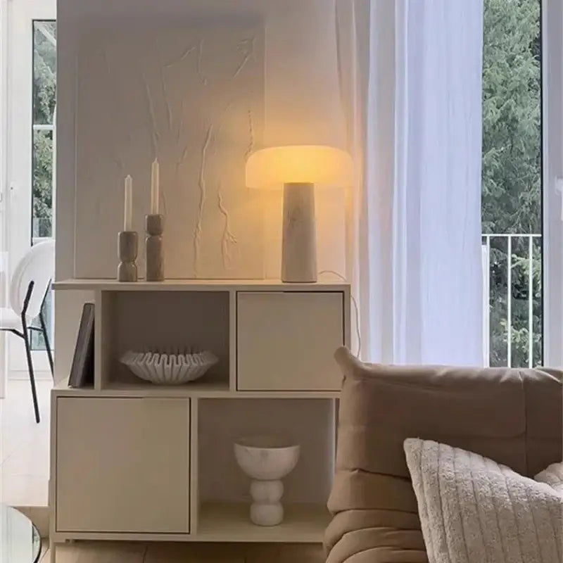 Minimalist mushroom glass and cream marble table lamp for bedroom