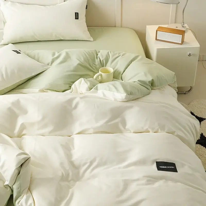 Minimalist off-white & mint matching cotton bedding set bedroom