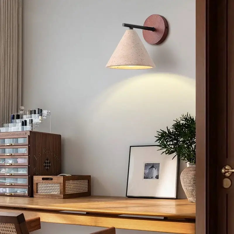 Minimalist pink concrete and wood yellow travertine wall lights bedroom