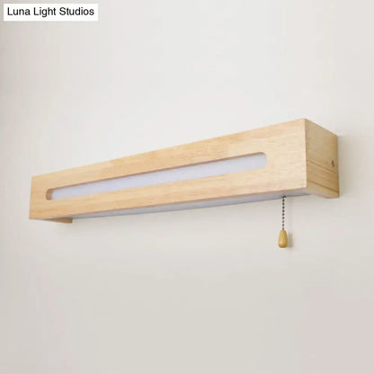 Minimalist rectangular wood wall sconce bedroom light with pull chain