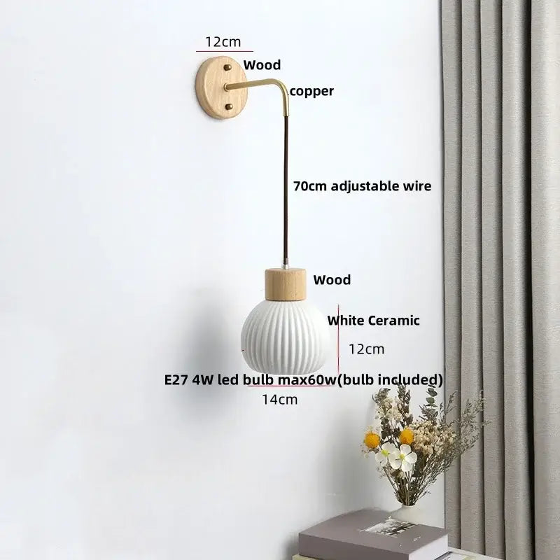 Minimalist ribbed ceramic led wall lamp bedroom wood decor
