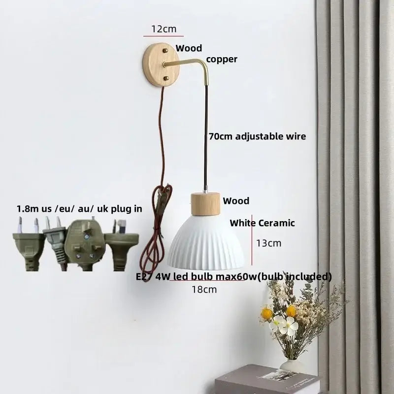 Minimalist ribbed ceramic led wall lamp bedroom wood decor