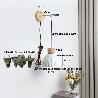 Minimalist ribbed ceramic led wall lamp bedroom wood decor