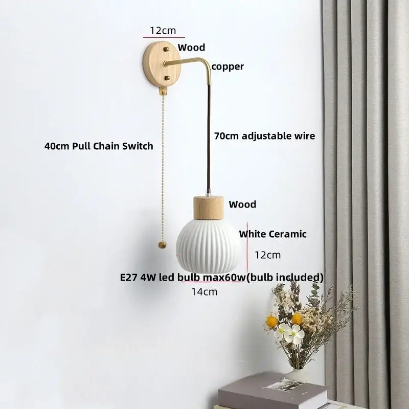 Minimalist ribbed ceramic led wall lamp bedroom wood decor