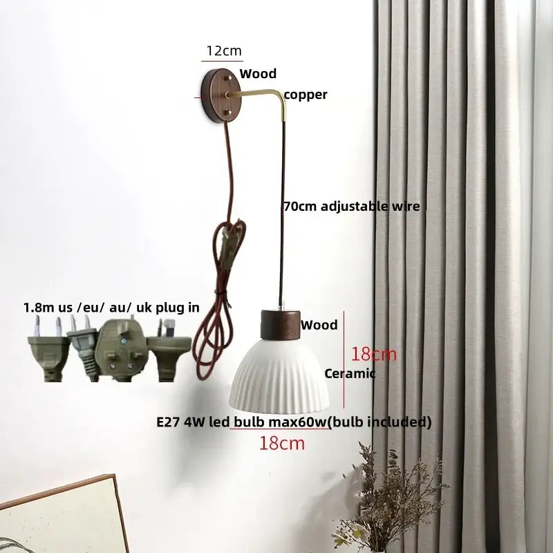 Minimalist ribbed ceramic led wall lamp bedroom wood decor