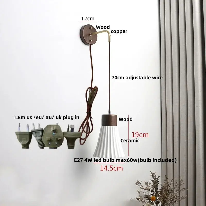Minimalist ribbed ceramic led wall lamp bedroom wood decor