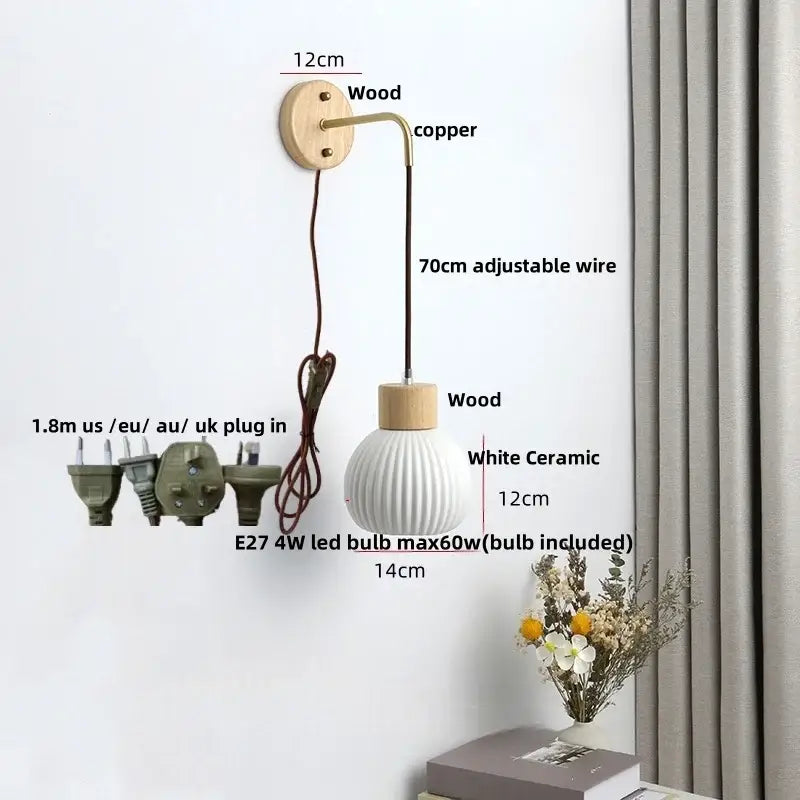 Minimalist ribbed ceramic led wall lamp bedroom wood decor