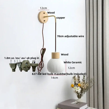 Minimalist ribbed ceramic led wall lamp bedroom wood decor