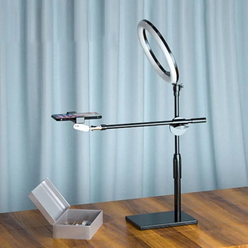 DecorBites™ Minimalist Round Iron Vanity Lighting: Black Finish LED Fill Light with Mobile Phone Holder