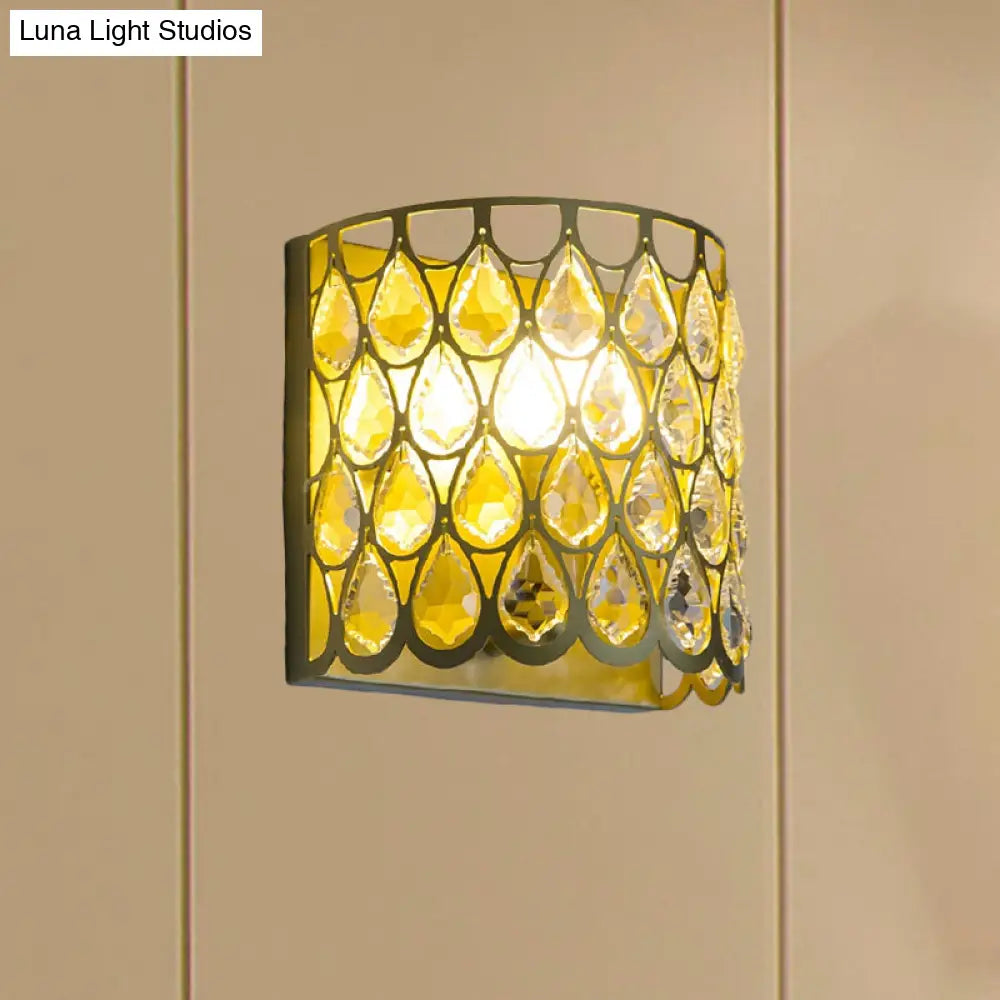 DecorBites™ Minimalist Silver/Brass Half-Cylinder Wall Light Sconce - Clear Crystal Teardrop - 1 Light Metal Wall Lamp