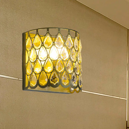 DecorBites™ Minimalist Silver/Brass Half-Cylinder Wall Light Sconce - Clear Crystal Teardrop - 1 Light Metal Wall Lamp
