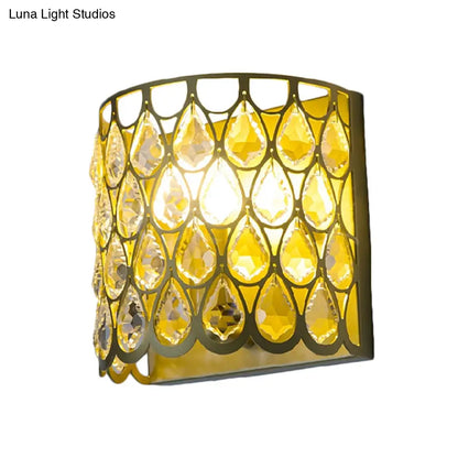 DecorBites™ Minimalist Silver/Brass Half-Cylinder Wall Light Sconce - Clear Crystal Teardrop - 1 Light Metal Wall Lamp