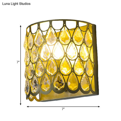 DecorBites™ Minimalist Silver/Brass Half-Cylinder Wall Light Sconce - Clear Crystal Teardrop - 1 Light Metal Wall Lamp