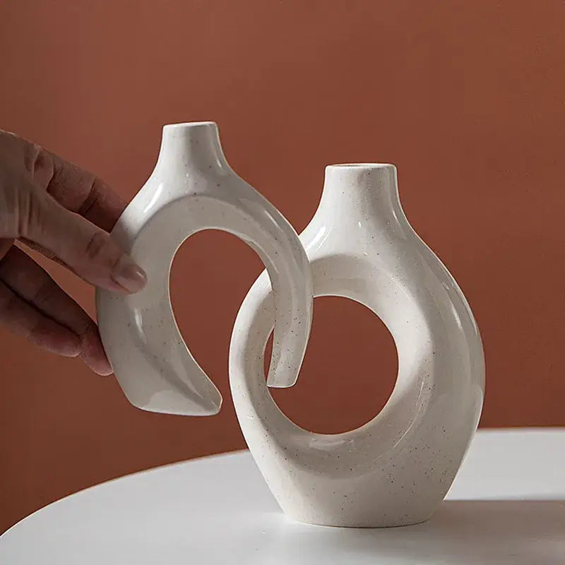 Minimalist speckled off-white ceramic donut candle holder dining room