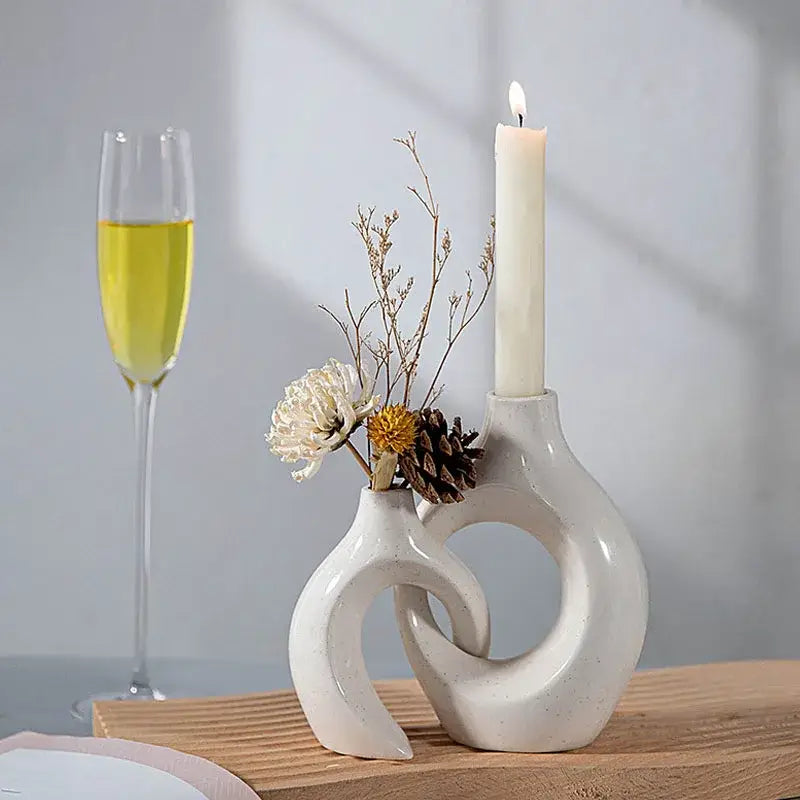 Minimalist speckled off-white ceramic donut candle holder dining room