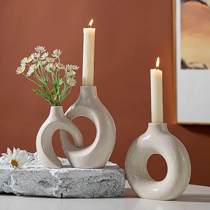 Minimalist speckled off-white ceramic donut candle holder dining room
