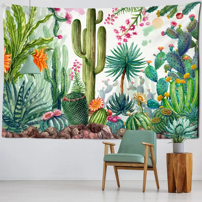 Minimalist teal cactus tropical plant tapestry children’s room decor