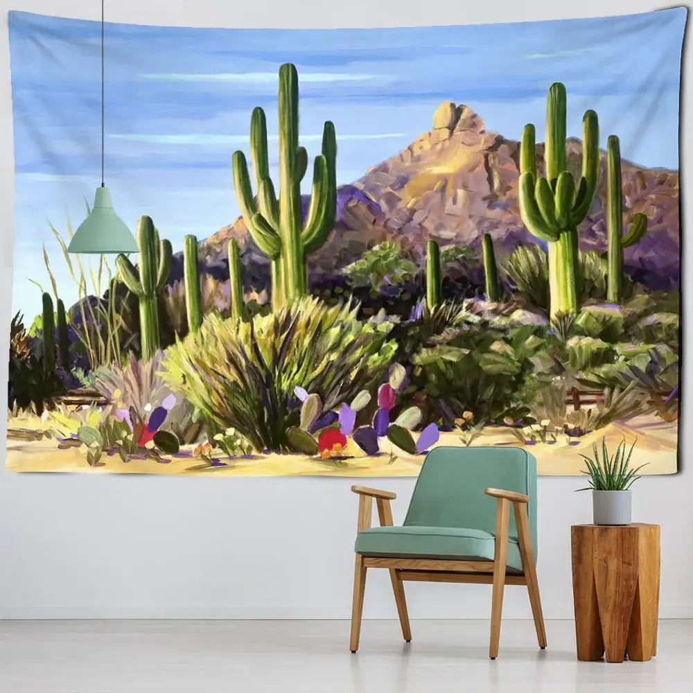 Minimalist teal cactus tropical plant tapestry children’s room decor