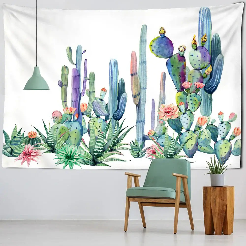 Minimalist teal cactus tropical plant tapestry children’s room decor