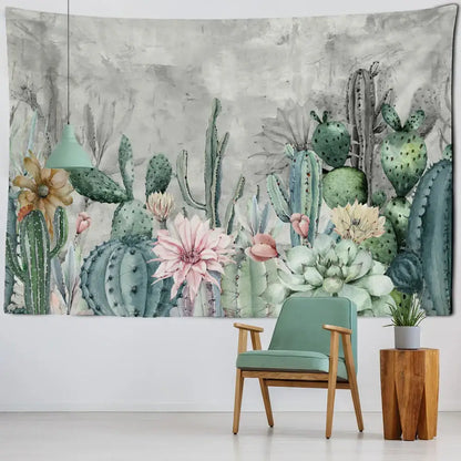 Minimalist teal cactus tropical plant tapestry children’s room decor