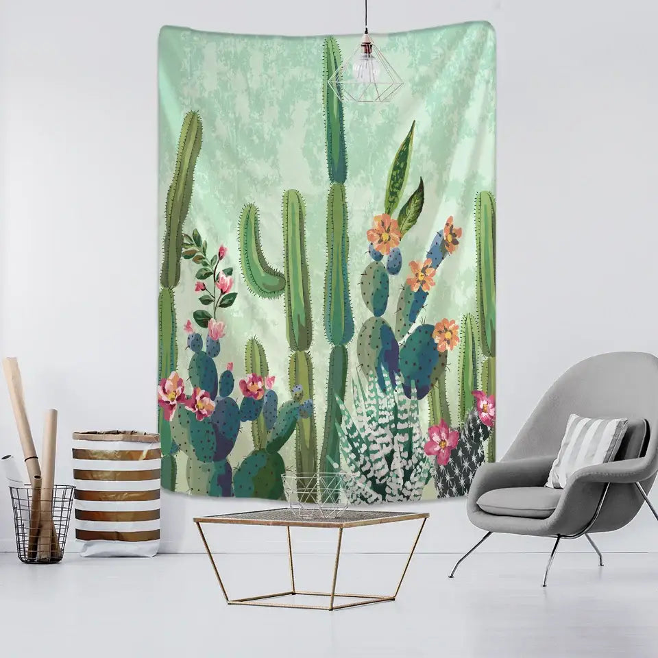 Minimalist teal cactus tropical plant tapestry children’s room decor