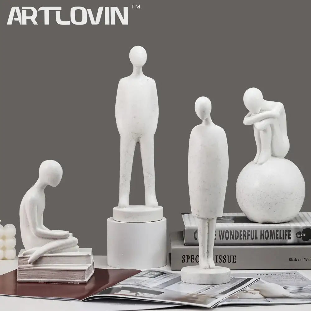 Minimalist white abstract people resin statue set living room decor