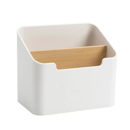 Minimalist white and wood office supplies storage rack office