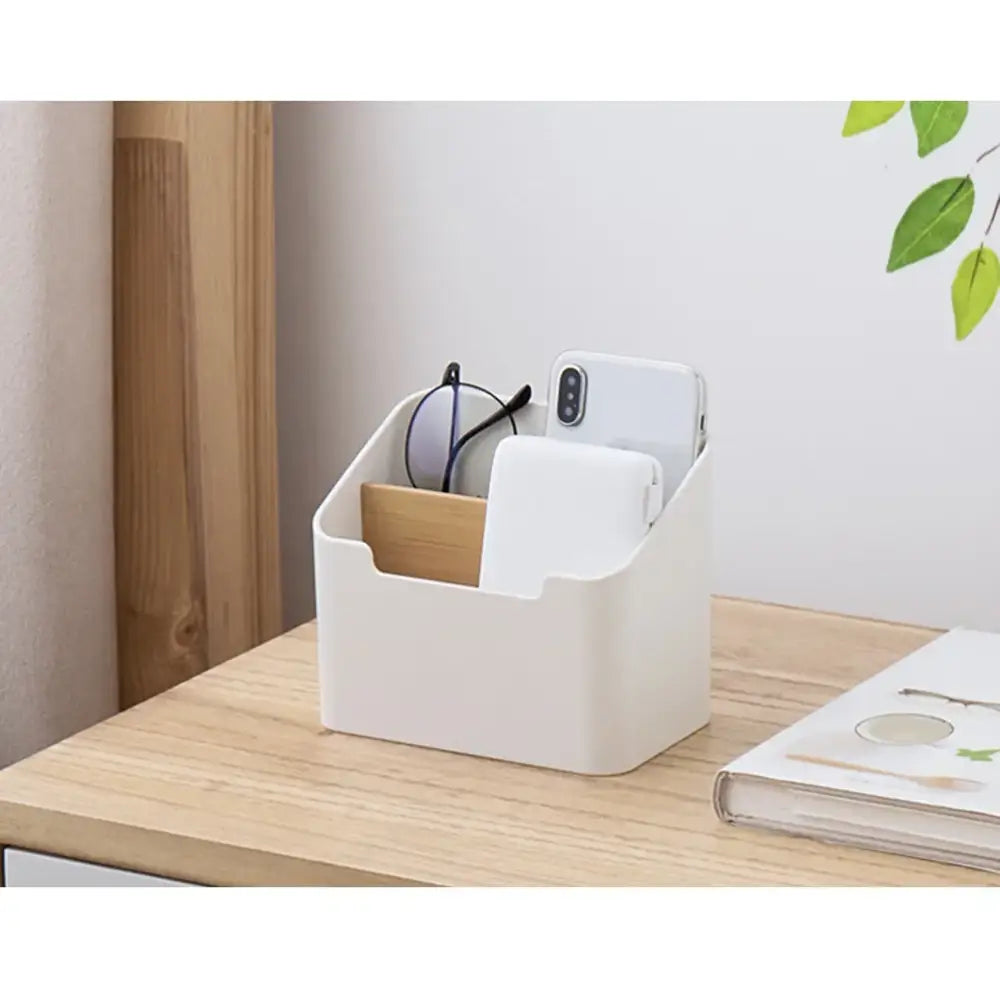 Minimalist white and wood office supplies storage rack office