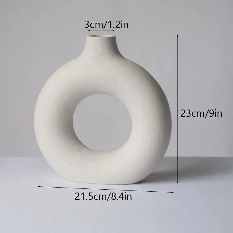 Minimalist white ceramic donut vase set living room