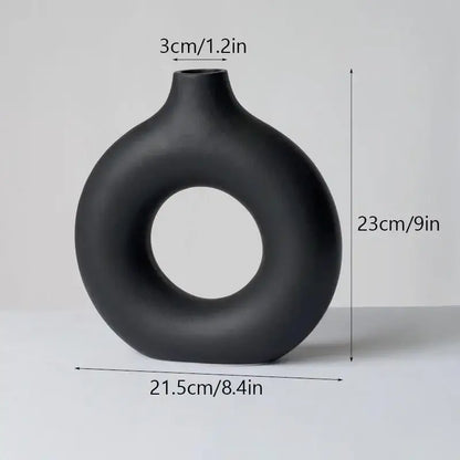 Minimalist white ceramic donut vase set living room