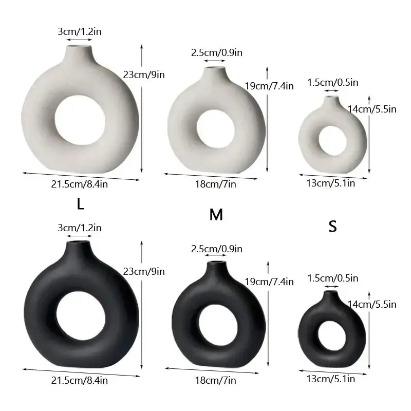 Minimalist white ceramic donut vase set living room