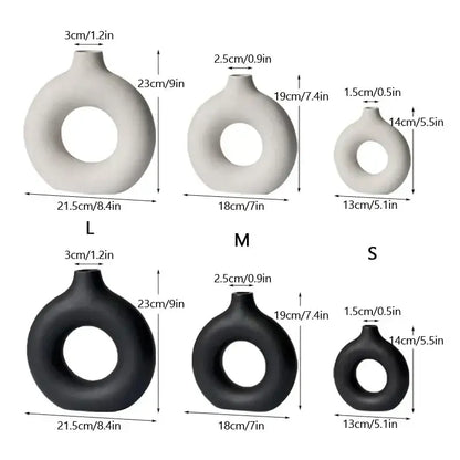 Minimalist white ceramic donut vase set living room