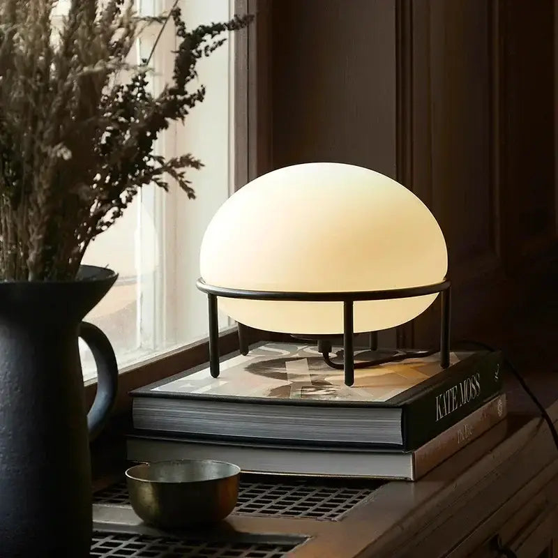 Minimalist white glass ball table lamp bedroom black metal frame