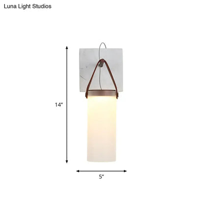 Minimalist white glass wall light with leather strap for bedroom