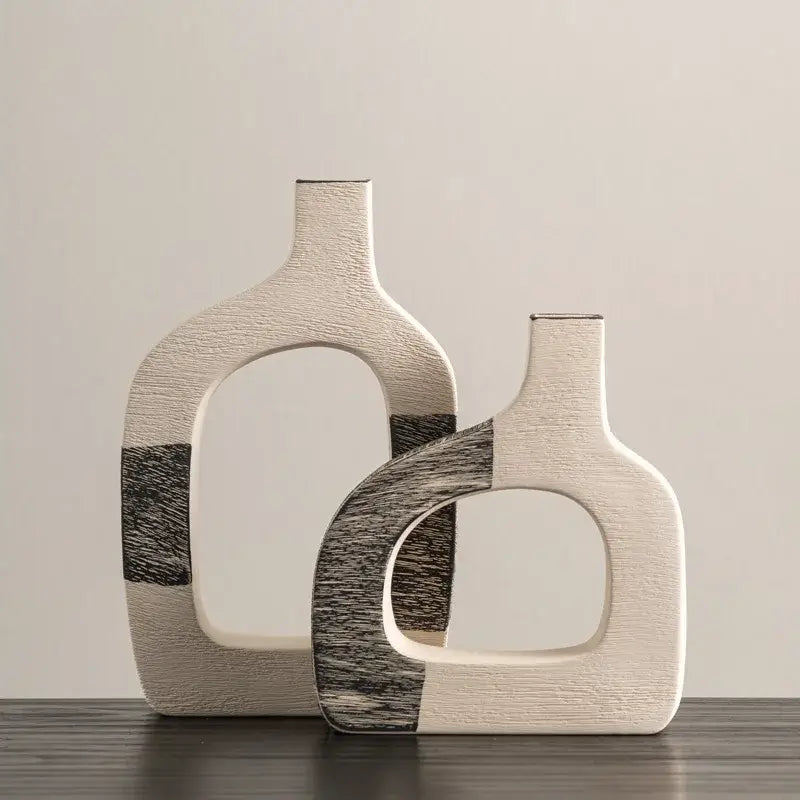 Minimalist white & gray geometric stripes ceramic flower vase living room