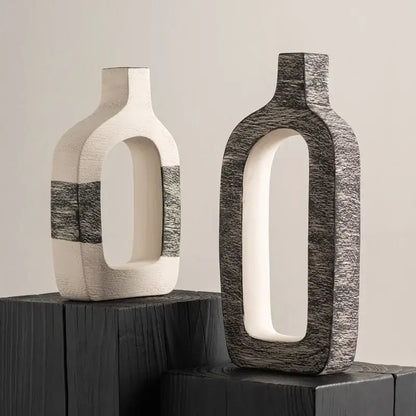 Minimalist white & gray geometric stripes ceramic flower vase living room
