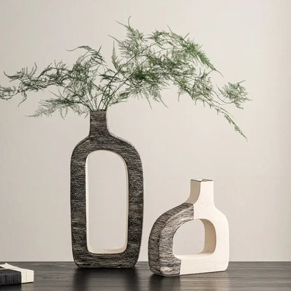 Minimalist white & gray geometric stripes ceramic flower vase living room