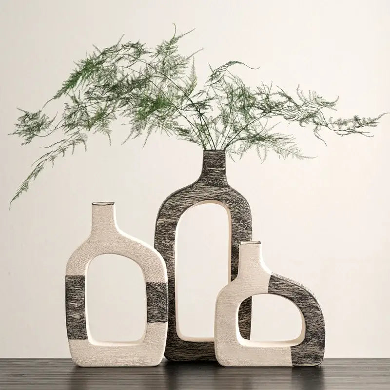 Minimalist white & gray geometric stripes ceramic flower vase living room