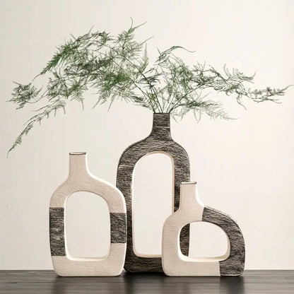 Minimalist white & gray geometric stripes ceramic flower vase living room