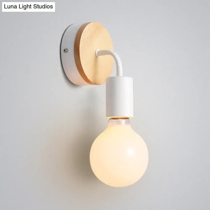 Minimalist white metal and wood bare bulb wall sconce bedroom light