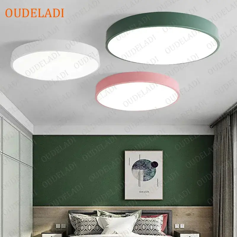 Minimalist white pink & green colorful round led ceiling light bedroom