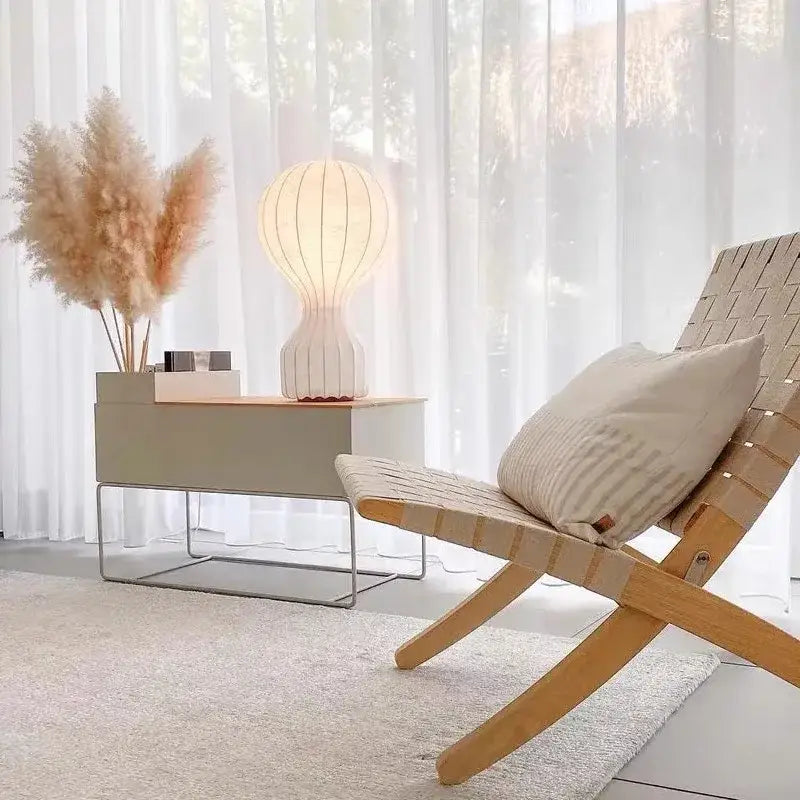 Minimalist white ribbed cocoon silk table lamp for bedroom