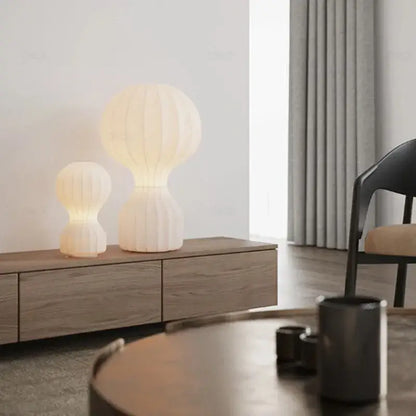 Minimalist white ribbed cocoon silk table lamp for bedroom