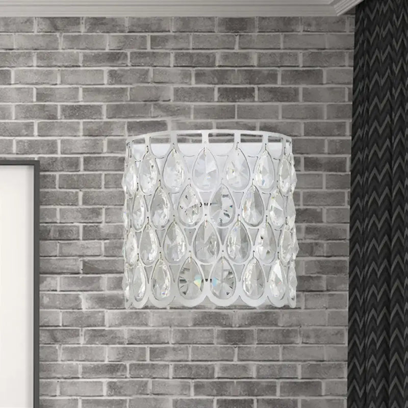 Minimalist white wall lamp with clear crystal teardrop for bedroom