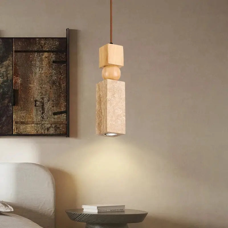 Minimalist wood and cuboid stone led pendant light dining room