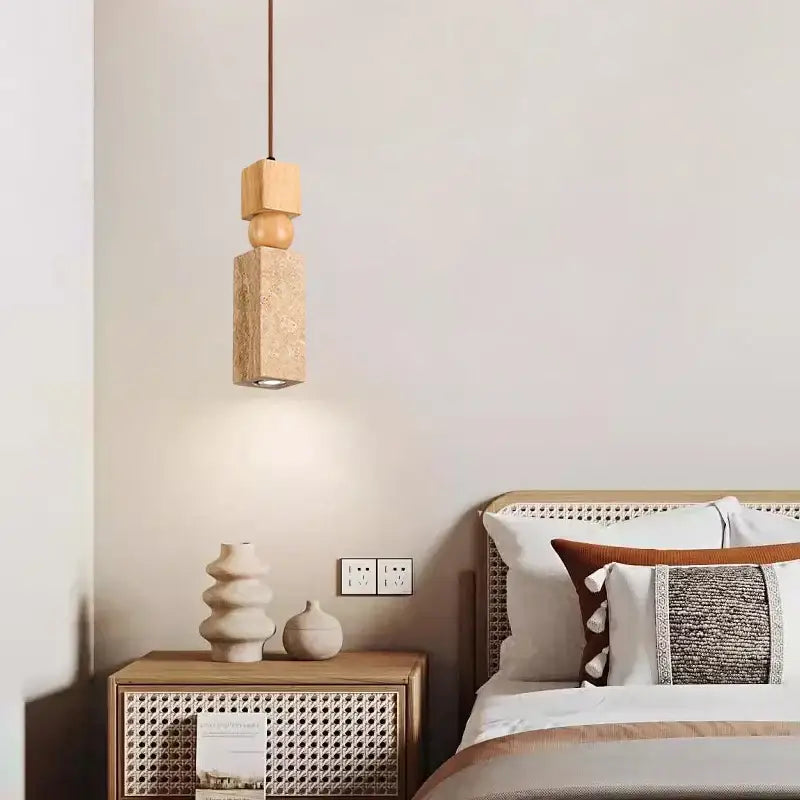 Minimalist wood and cuboid stone led pendant light dining room